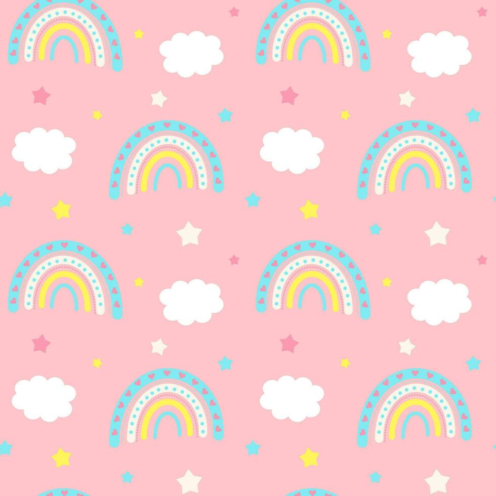 naadloos patroon met sterren, boho regenbogen en wolken. hemel- kinderachtig afdrukken Aan roze achtergrond. vector