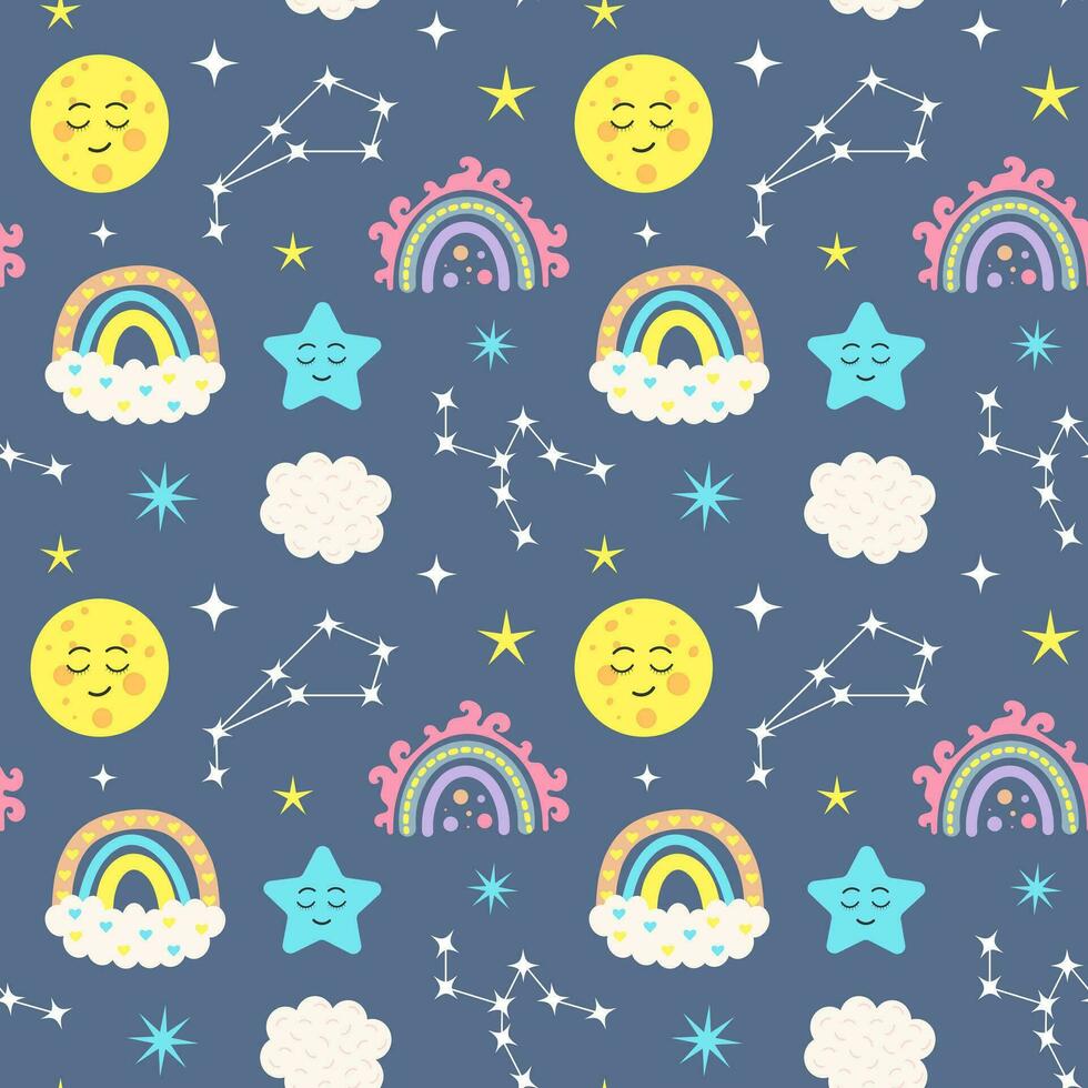 naadloos patroon met sterrenbeelden, boho regenbogen, wolken, kawaii maan en sterren. hemel- kinderachtig afdrukken Aan donker blauw achtergrond. vector