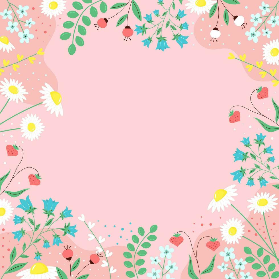 voorjaar achtergrond met bloemen en bladeren, planten en bessen. modieus abstract plein kunst bloemen sjabloon. kopiëren ruimte. hand- getrokken kleurrijk vector illustratie.