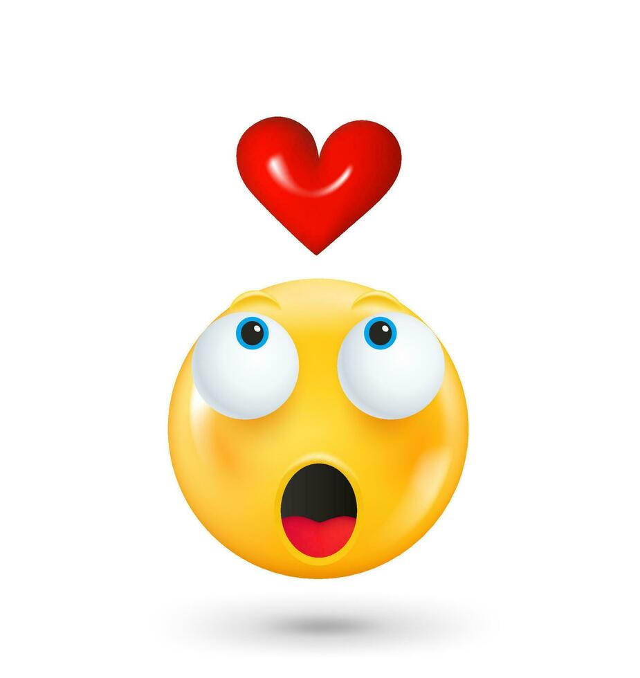 geel schattig emoji gezicht met rood hart. vallen in liefde concept. 3d vector illustratie