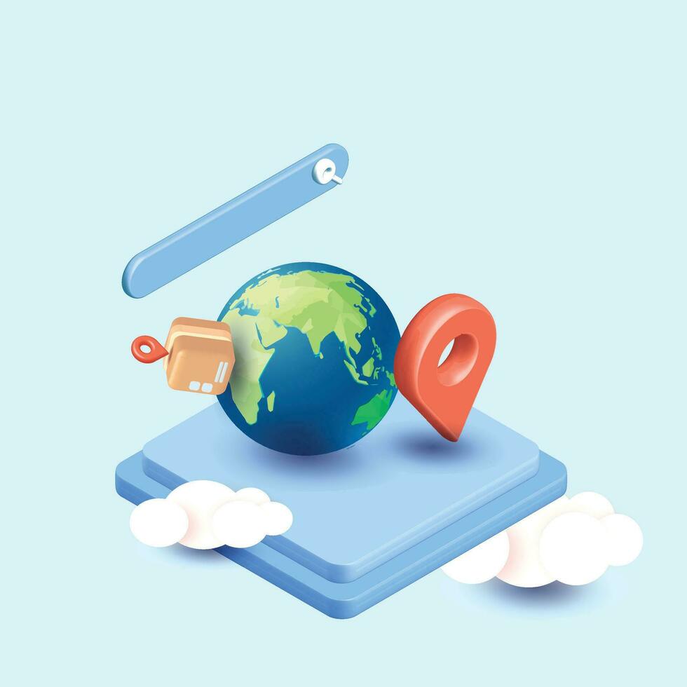 online levering onderhoud boodschappen doen online concept. Aan blauw en wolk achtergrond 3d wereld levering reizen plaats papier kaart, zoeken bar en pin rood geïsoleerd. vector