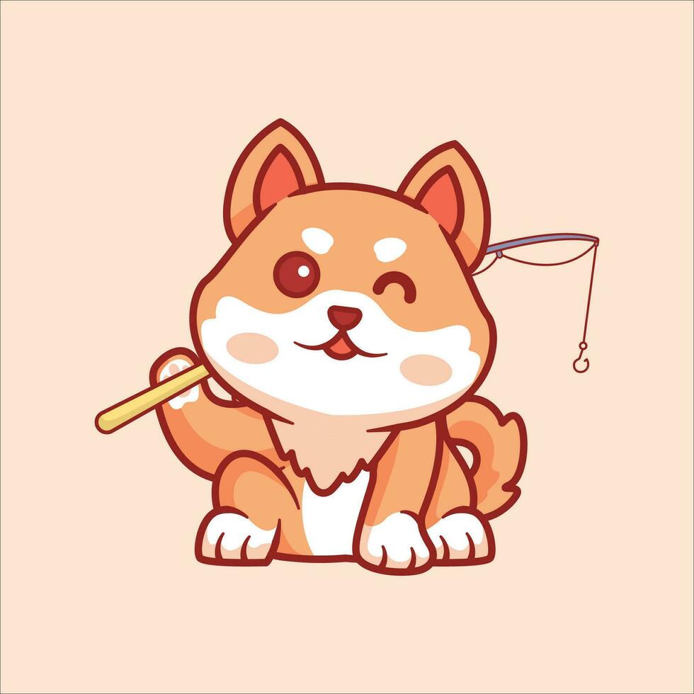 schattig shiba inu visvangst tekenfilm illustratie vector