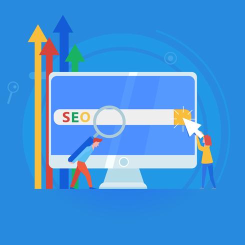 Seo banner. Werk aan de inhoud van de site en het indexeren van zoekmachines. Teamwerk op de website. Platte vectorillustratie vector