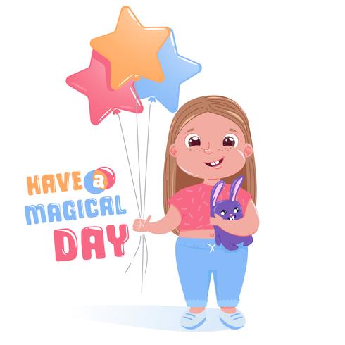 Weinig leuk meisje viert gelukkige verjaardagspartij met stuk speelgoed konijntje en kleurrijke ballons. Heb een magische dagkaart. cartoon afbeelding vector