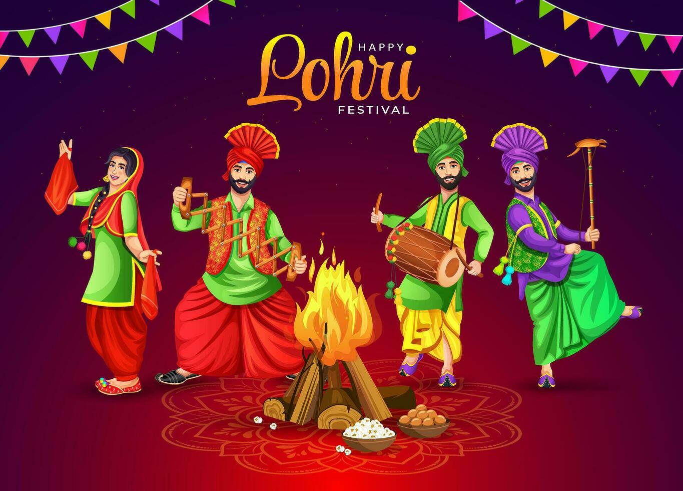 Indisch Punjabi festival van lohri viering brand achtergrond met versierd trommel, bhangra dansers, en vreugdevuur met festival elementen. gelukkig lohri vector