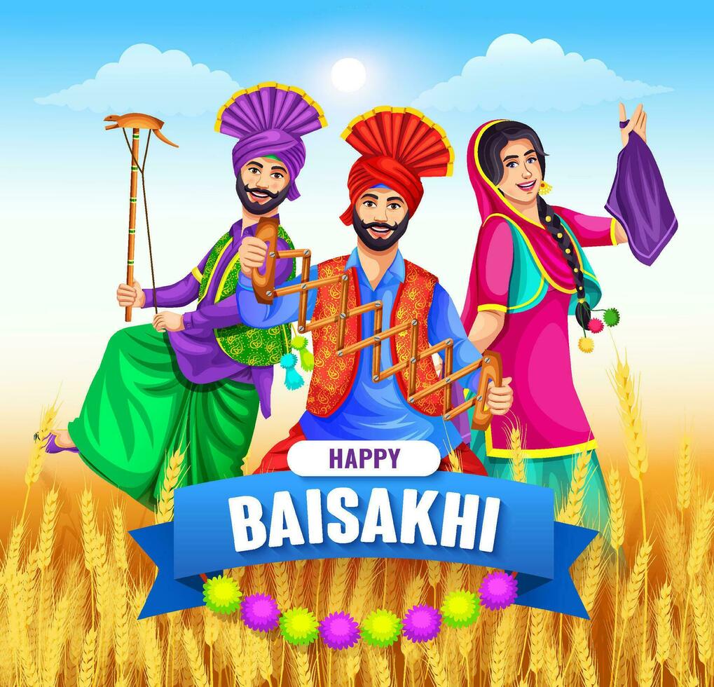 gelukkig baisakhi viering, groet kaart, uitnodiging kaart, de banier, festival van Punjab Indië. groep van mensen aan het doen de bhangra dans vector