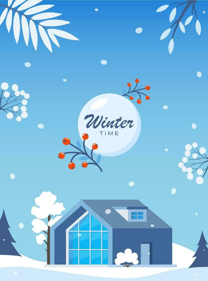 winter landschap met groot huis. winter vakantie. schattig winter landschap voor vakantie spandoek. lief huis in een besneeuwd vallei. winter cabine. vector illustratie.