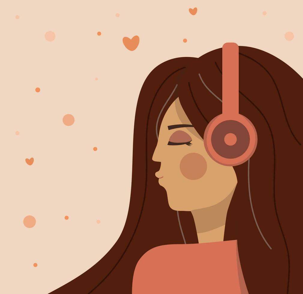 vrouw luisteren naar muziek- met koptelefoon, vector illustratie in vlak stijl
