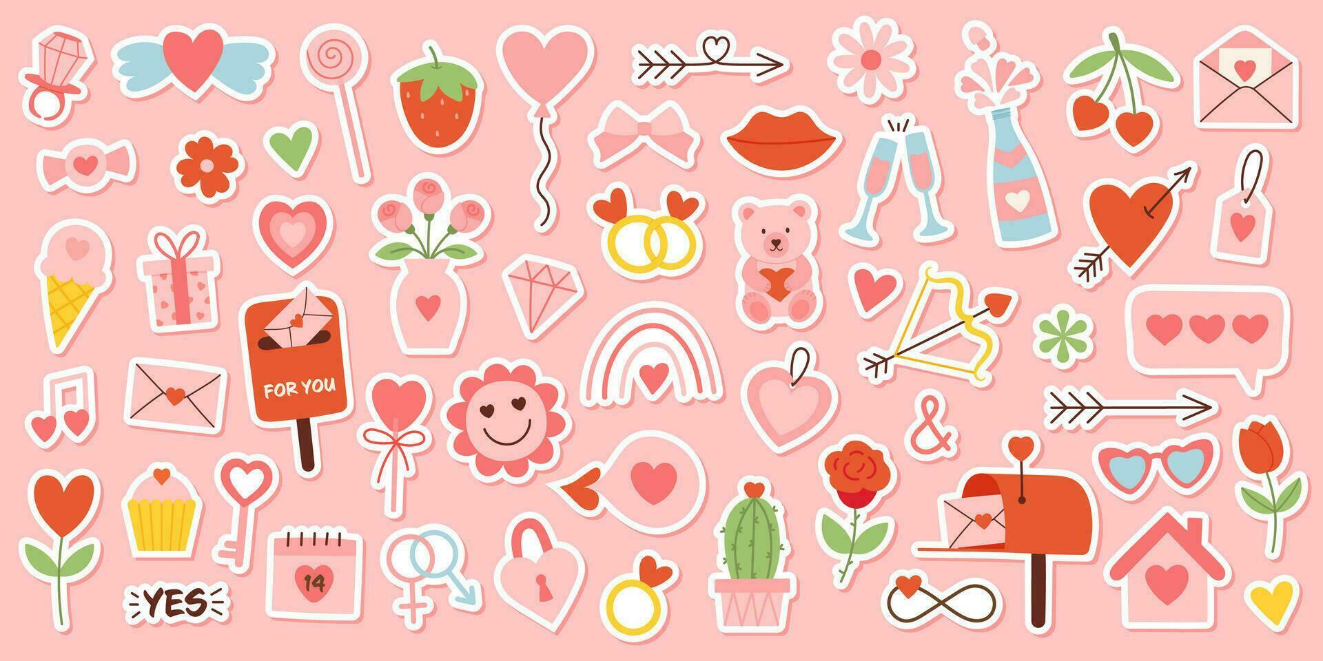 schattig gelukkig valentijnsdag dag sticker set. tekenfilm liefde romantisch elementen met harten voor poster en groet kaarten. hand- getrokken vector illustratie