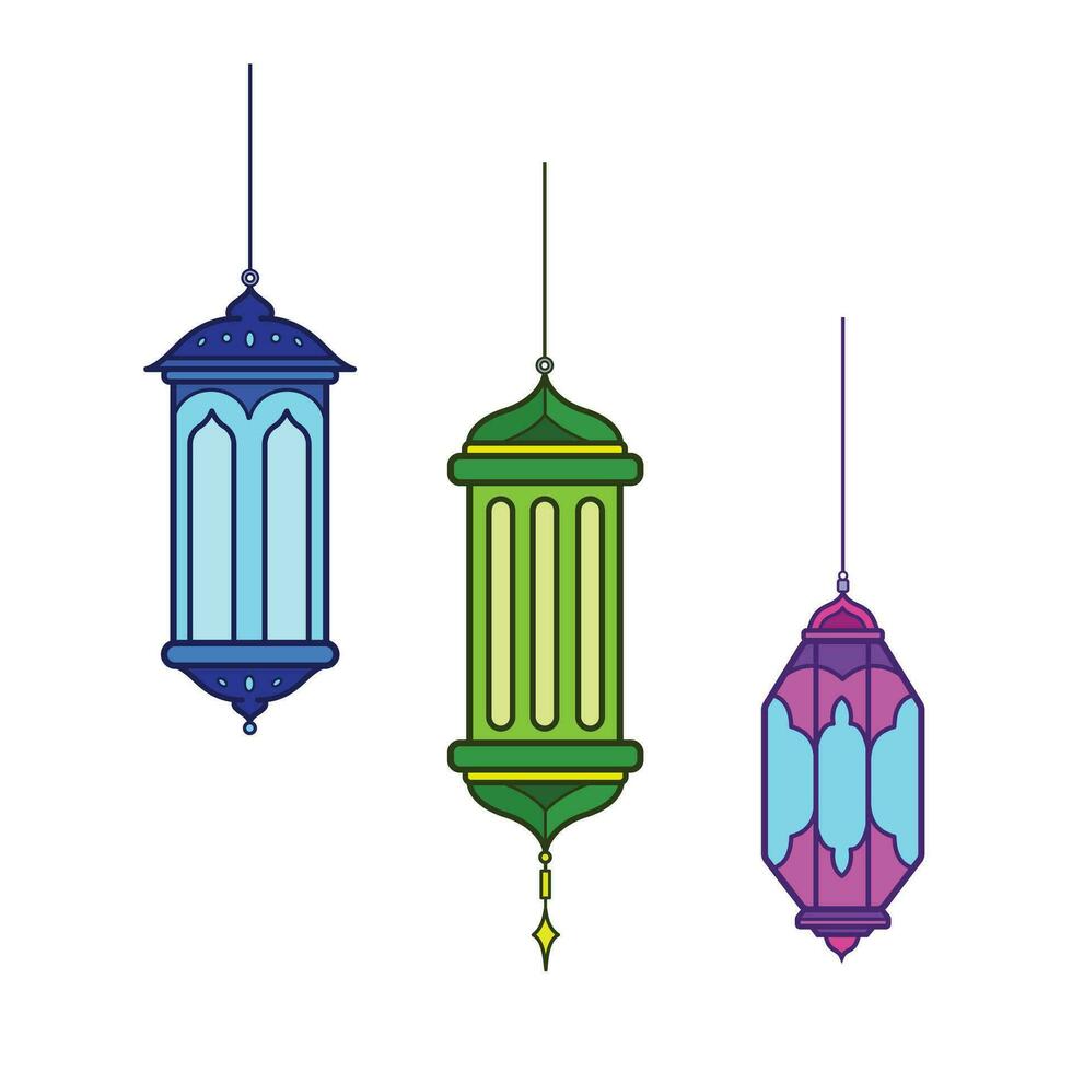drie Islamitisch lantaarns kleurrijk vector icoon reeks verzameling illustratie geschetst geïsoleerd Aan plein wit achtergrond. gemakkelijk vlak minimalistische tekenfilm kunst gestileerd tekening.
