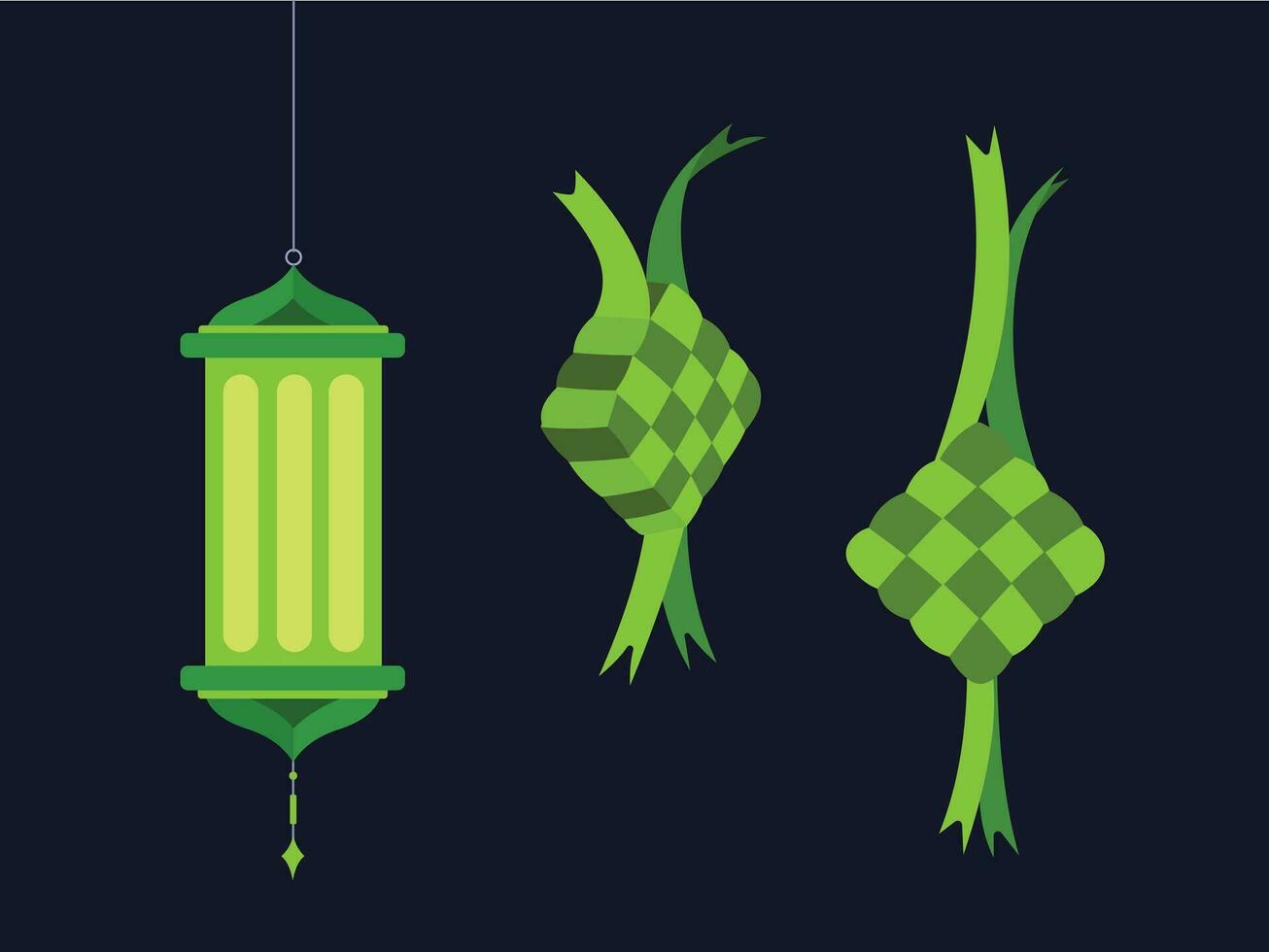 vlak Islamitisch lantaarn en ketupat Lebaran vector groep illustratie met groen kleuren geïsoleerd Aan horizontaal donker achtergrond sjabloon. gemakkelijk vlak kleur kunst gestileerd Ramadhan decoratie themed tekening.