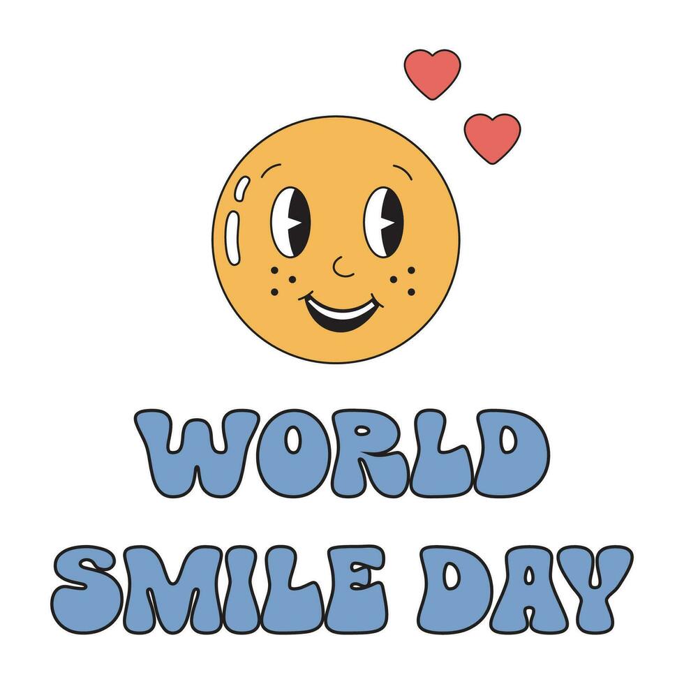 wereld glimlach dag illustratie met gelukkig glimlachen geel emoji in liefde. grappig emoji jongen en meisje in retro stijl. perfect voor groet kaart, poster, sociaal media, media bronnen. vector