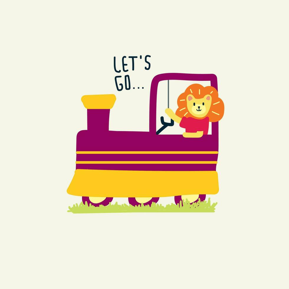schattig leeuw het rijden een trein vector illustratie voor voor kleding stof, textiel en afdrukken