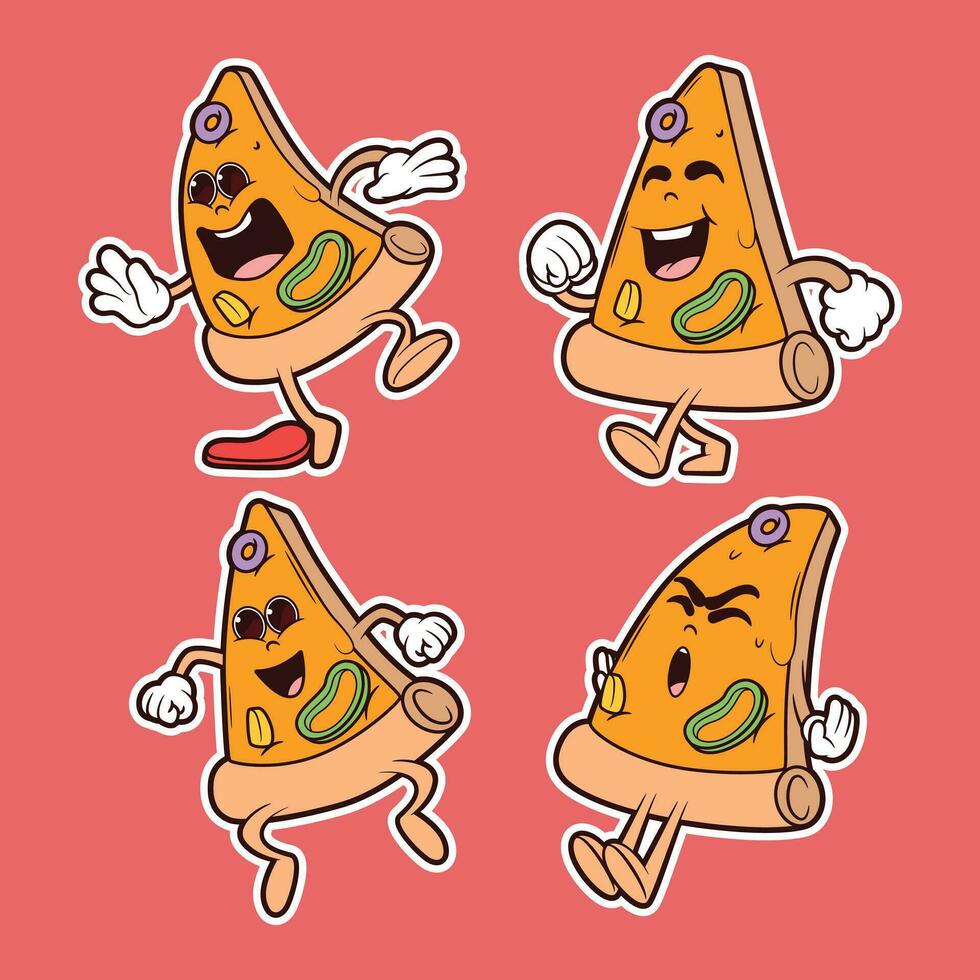 pizza plak tekens reeks vector illustratie. snel voedsel, grappig, merk ontwerp concept.