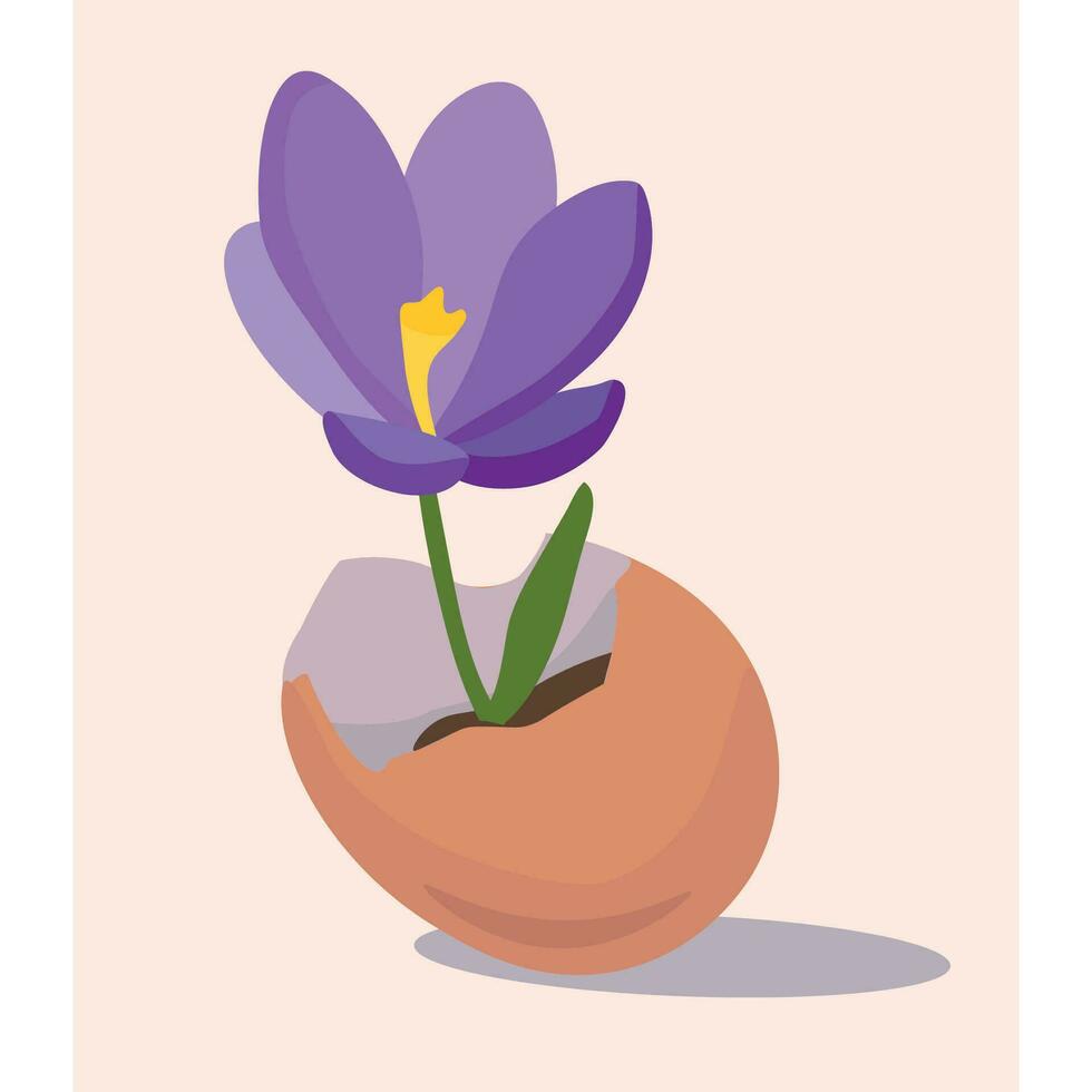 vector illustratie van een krokus groeit in een eierschaal. pastel kleuren, lila, roze, beige. Pasen. voor ansichtkaarten, uitnodigingen, kinderen tijdschriften.