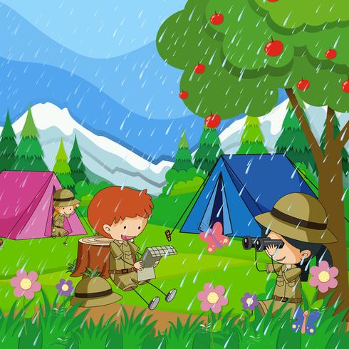Kinderen kamperen in de regen vector