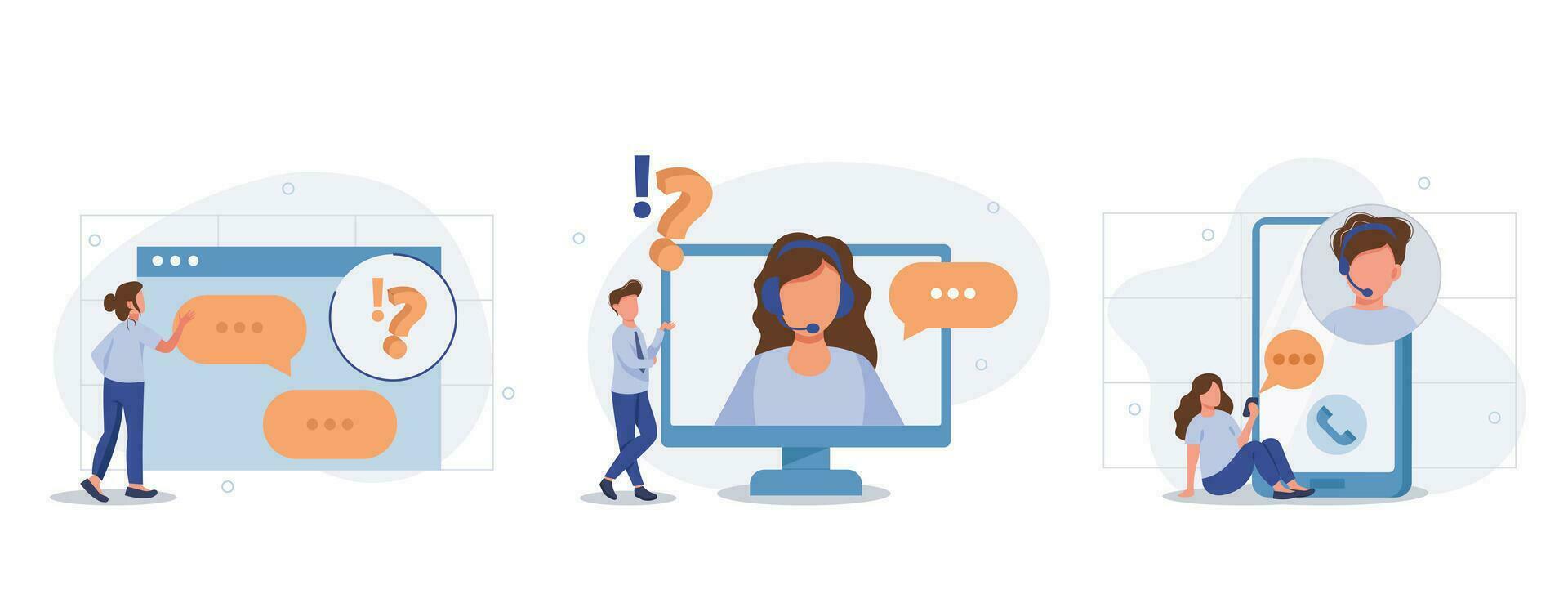 klant ondersteuning illustratie verzameling. tekens gebruik makend van online helpdesk platform. mensen vragen een vragen en ontvangen antwoorden van helpdesk of telefoontje centrum exploitant. vector illustratie.