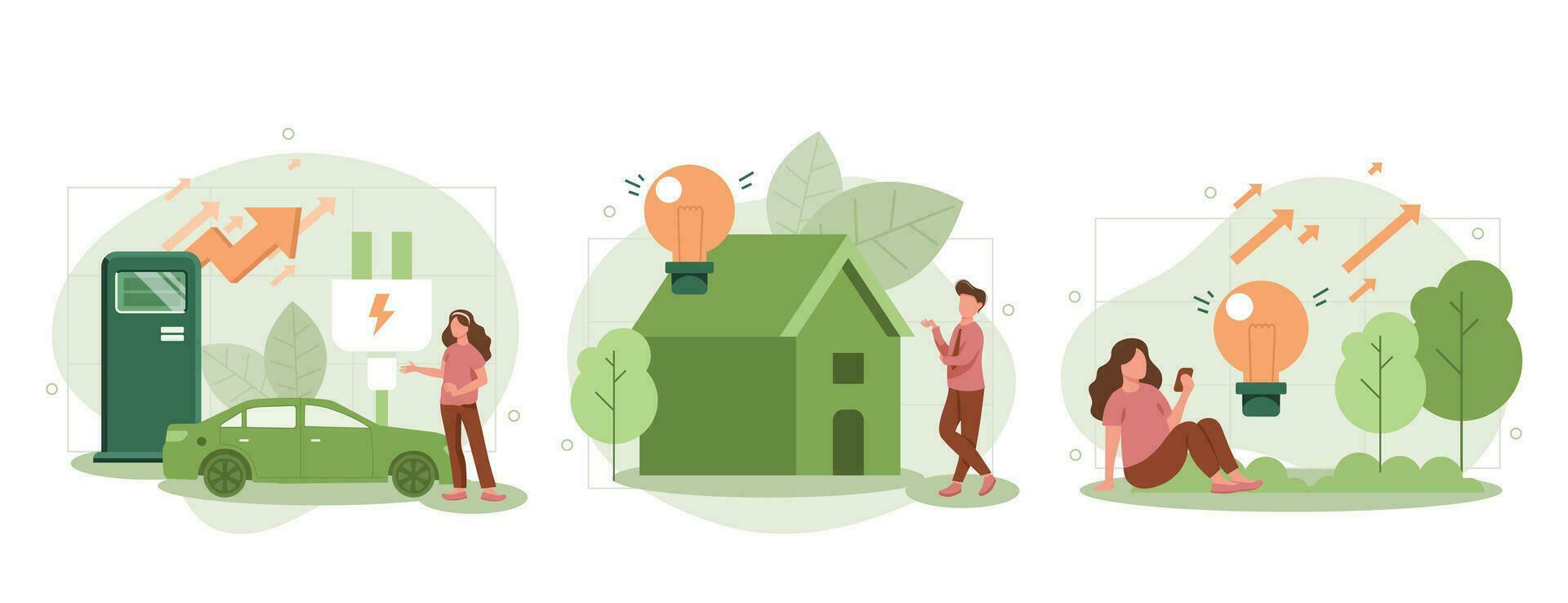 groen energie illustratie set. tekens tonen eco privaat huis, elektrisch auto en groen circulaire economie een uitkering. hernieuwbaar energie concept. vector illustratie.