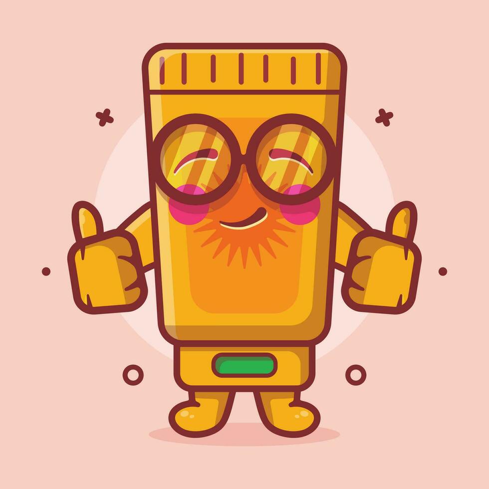 grappig sunblock buis karakter mascotte met duim omhoog hand- gebaar geïsoleerd tekenfilm in vlak stijl ontwerp vector