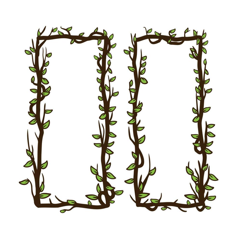 boom kader, bloemen plein grens. fabriek en takje decoratie geïsoleerd Aan wit achtergrond. zwart schets silhouet. decoratief wijnoogst eng element met blad. donker Woud concept. vector