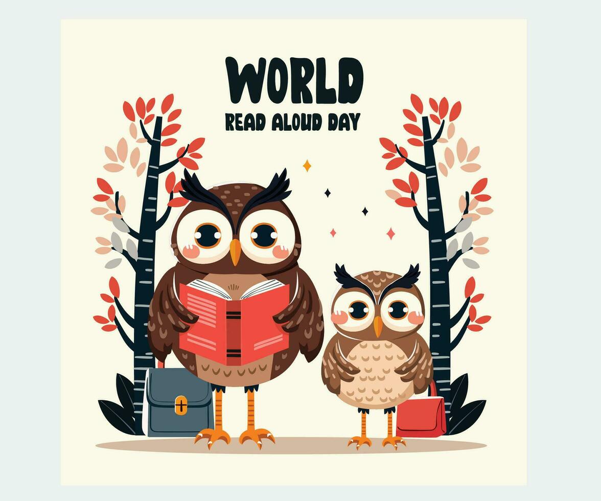 wereld lezen hardop dag met schattig uil Holding een boek illustratie vector