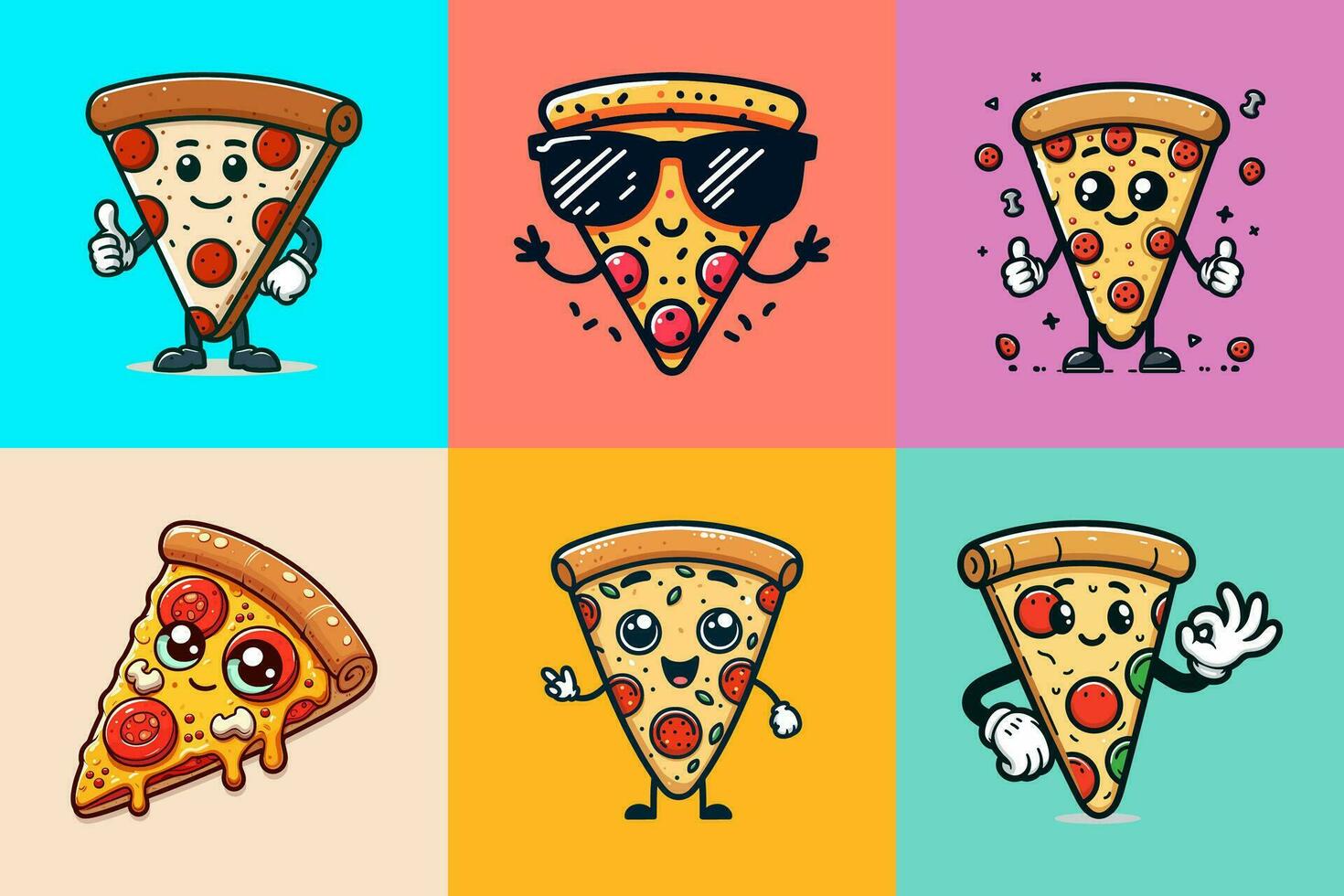 pizza mascotte, wijnoogst karakter, retro kunst. tekenfilm tekens set. vector