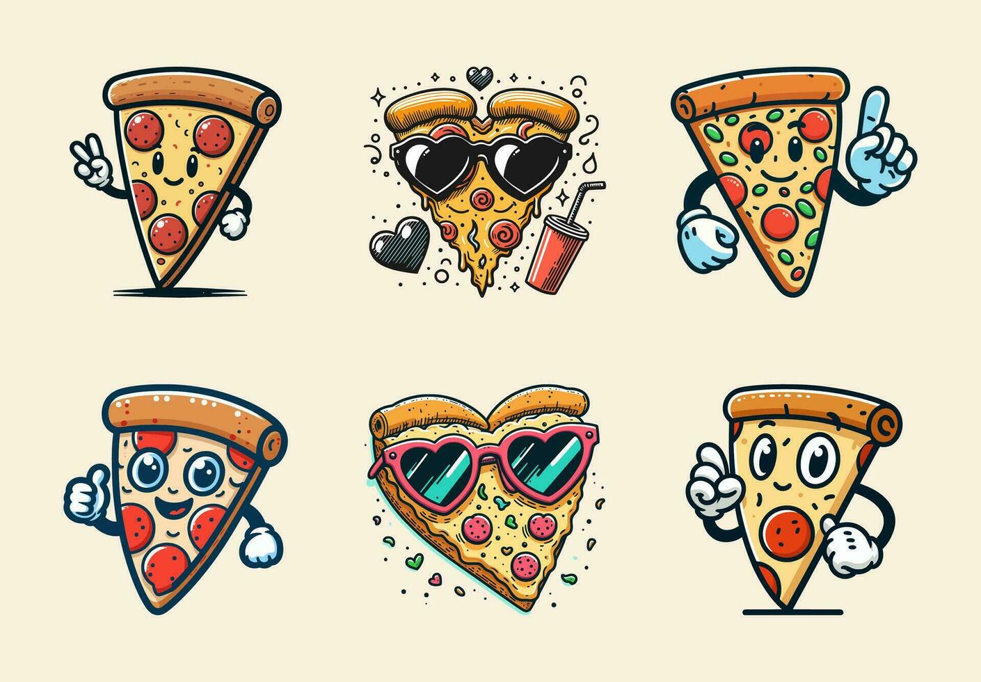 pizza mascotte, wijnoogst karakter, retro kunst. tekenfilm tekens set. vector