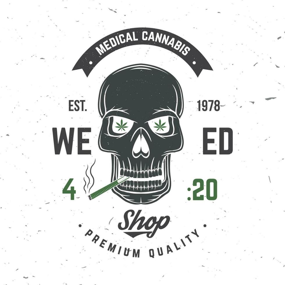 medisch hennep insigne, etiket met skelet schedel, roken marihuana vector. wijnoogst typografie logo ontwerp met hennep, schedel, skelet hand- silhouet voor onkruid winkel, marihuana levering onderhoud vector