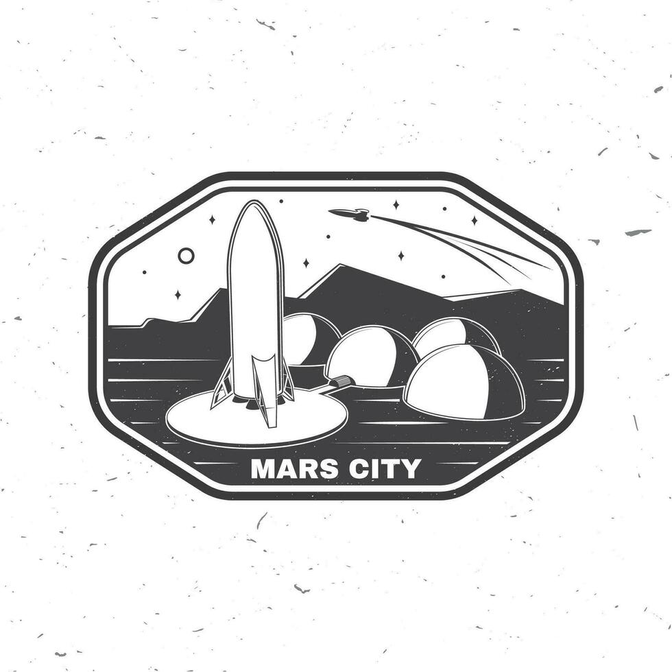 Mars stad logo, insigne, lapje. vector illustratie concept voor shirt, afdrukken, stempel, bedekking of sjabloon. wijnoogst typografie ontwerp met ruimte raket en Mars stad silhouet.