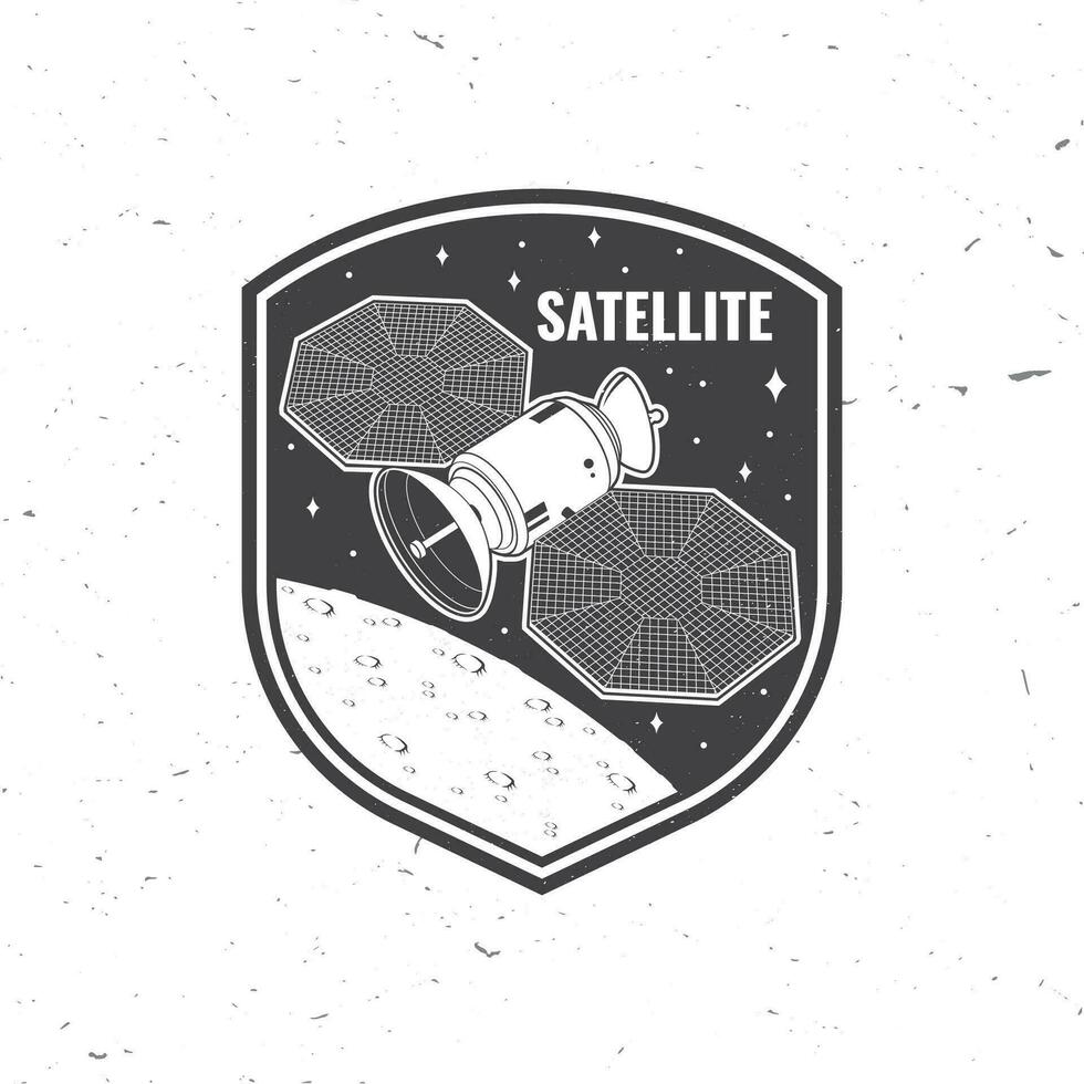 satelliet logo, insigne, lapje. vector. concept voor shirt, afdrukken, stempel, bedekking of sjabloon. wijnoogst typografie ontwerp met ruimte satelliet gerechten en Mars silhouet. vector