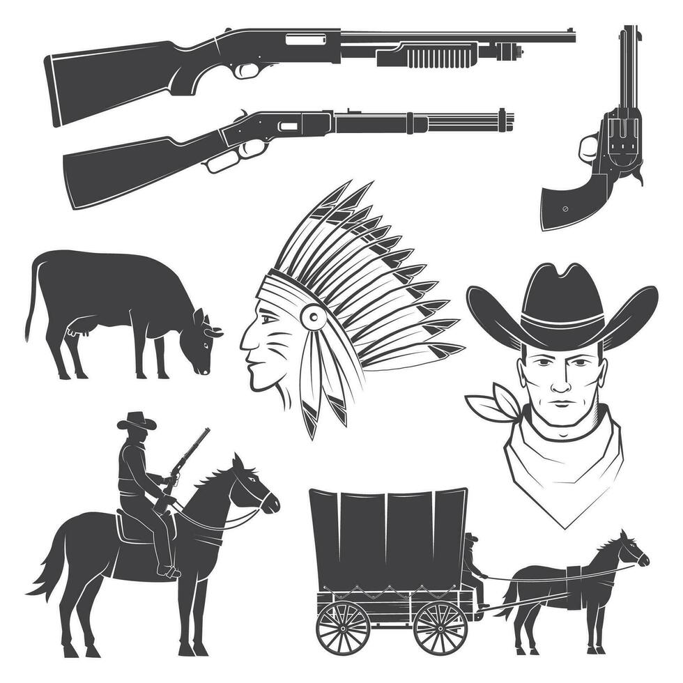 reeks van cowboy club icoon. vector. concept voor shirt, logo, afdrukken, stempel, tee met cowboy en jachtgeweer. wijnoogst typografie ontwerp met wild west icoon en western geweer- silhouet. vector