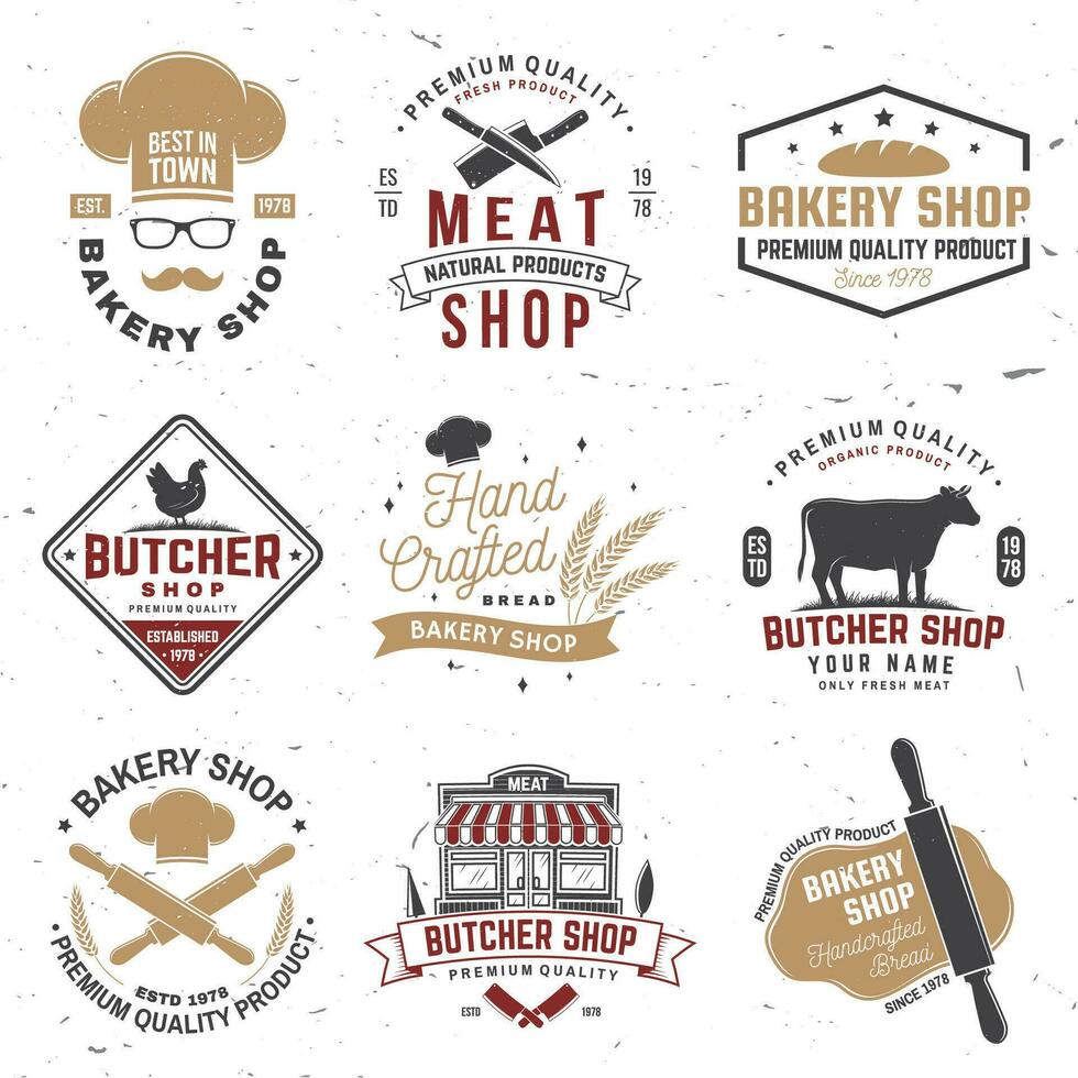 reeks van slager winkel en bakkerij winkel insigne, label. vector. wijnoogst logo ontwerp met koe, kip, rollend pin, deeg, silhouet. voor restaurant identiteit voorwerpen, verpakking, menu vector