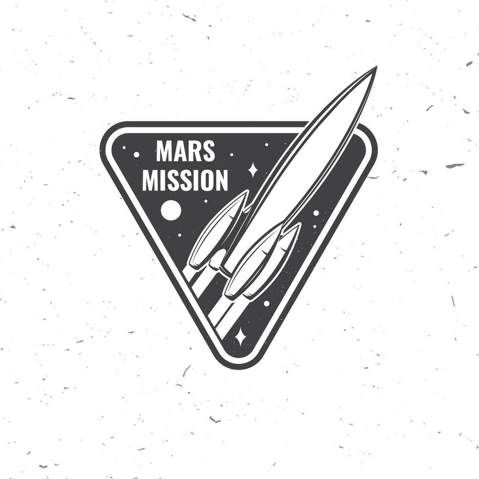 Mars missie logo, insigne, lapje. vector. concept voor shirt, afdrukken, stempel, bedekking of sjabloon. wijnoogst typografie ontwerp met ruimte raket en Mars silhouet. vector