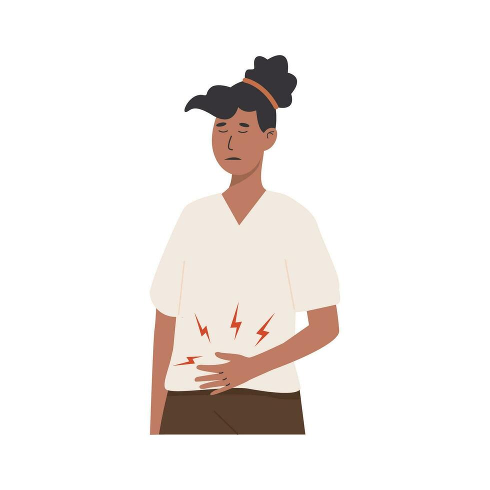 vrouw met maag pijn Holding haar handen Aan buik. jong vrouw met buik pijn. krampen, ongemak gedurende menstruatie- periode. pms symptoom. baarmoeder, eierstok en cervicaal kanker. vector illustratie