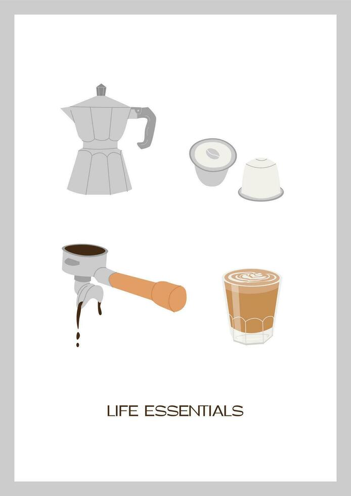 hand- getrokken gekleurde modieus minimalistische poster met koffie portafilter, mokka pot, capsules en heet vers gebrouwen specialiteit koffie latte. muur kunst verticaal afdrukken met tekst. vector vlak stijl illustratie