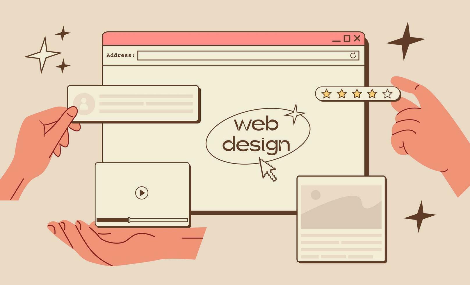 web ui ux ontwerp. web ontwerp concept banier in retro stijl. studio prototyping of codering web bladzijde of mobiel app. online toepassing ontwerp, codering, programmering en web gebouw. vector illustratie.