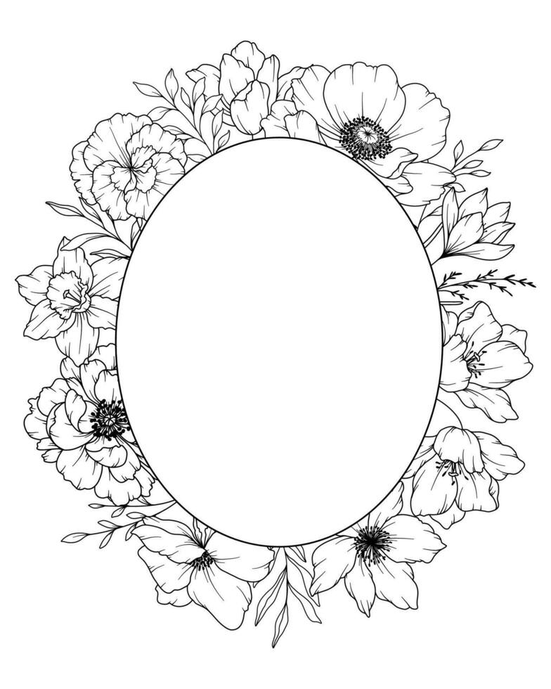 voorjaar bloemen lijn tekening. zwart en wit bloemen kozijnen. bloemen lijn kunst. prima lijn bloemen illustratie. hand- getrokken schets bloemen. botanisch kleur bladzijde. bruiloft uitnodiging bloemen vector