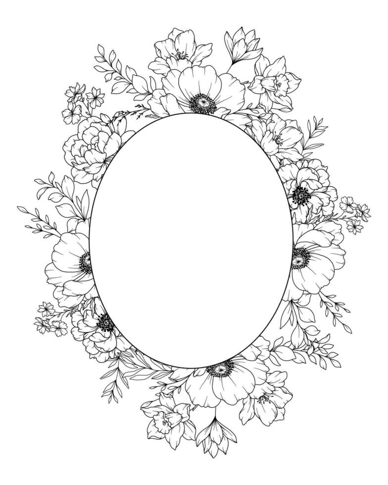 voorjaar bloemen lijn tekening. zwart en wit bloemen kozijnen. bloemen lijn kunst. prima lijn bloemen illustratie. hand- getrokken schets bloemen. botanisch kleur bladzijde. bruiloft uitnodiging bloemen vector