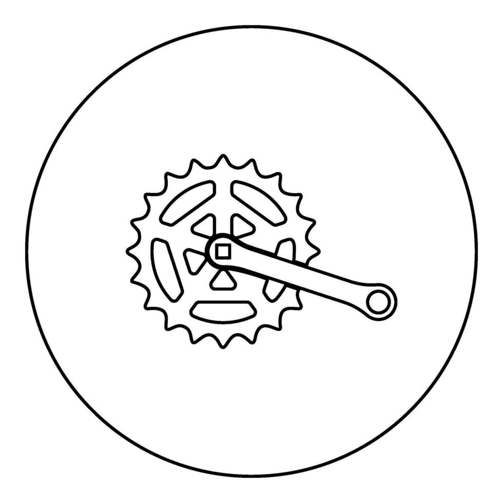 crankstel tandrad tandwiel zwengel lengte met uitrusting voor fiets cassette systeem fiets icoon in cirkel ronde zwart kleur vector illustratie beeld schets contour lijn dun stijl