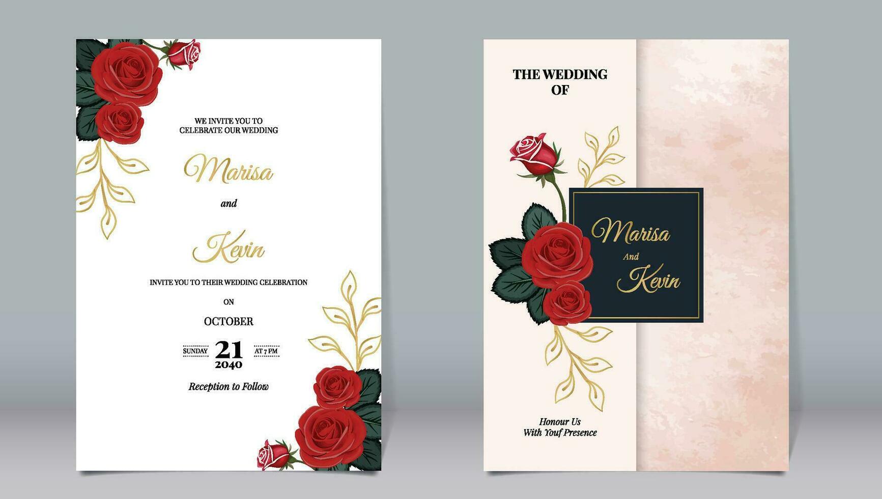 luxe bruiloft uitnodiging rood roos bloemen en goud blad versieren elementen met waterverf achtergrond vector