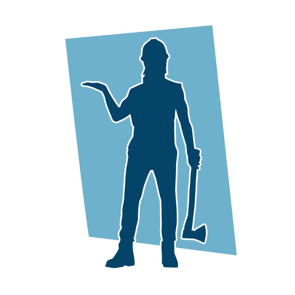 silhouet van een arbeider in actie houding gebruik makend van zijn bijl hulpmiddel. vector