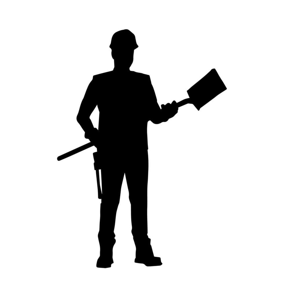 silhouet van een arbeider draag- Schep hulpmiddel. silhouet van een arbeider in actie houding gebruik makend van Schep hulpmiddel. vector