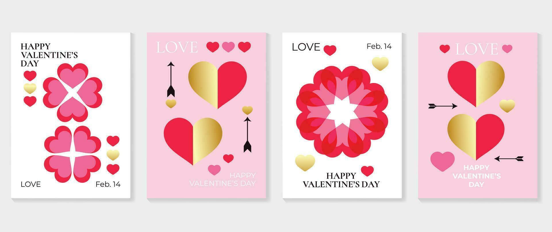 gelukkig Valentijnsdag dag liefde Hoes vector set. romantisch symbool behang van meetkundig vorm patroon, hart vormig icoon. liefde illustratie voor groet kaart, web banier, pakket, omslag, kleding stof.