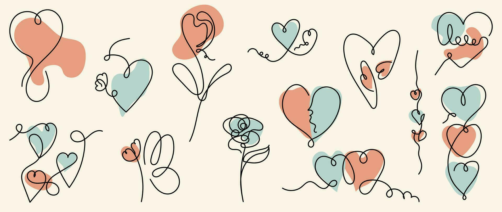 reeks van Valentijn lijn kunst element vector. hand- getrokken lijn kunst stijl verzameling van hart gevormd, liefde bericht, bloemen, rozen, vlinder. ontwerp voor afdrukken, bruiloft kaart, omslag, muur kunst, Valentijn dag. vector