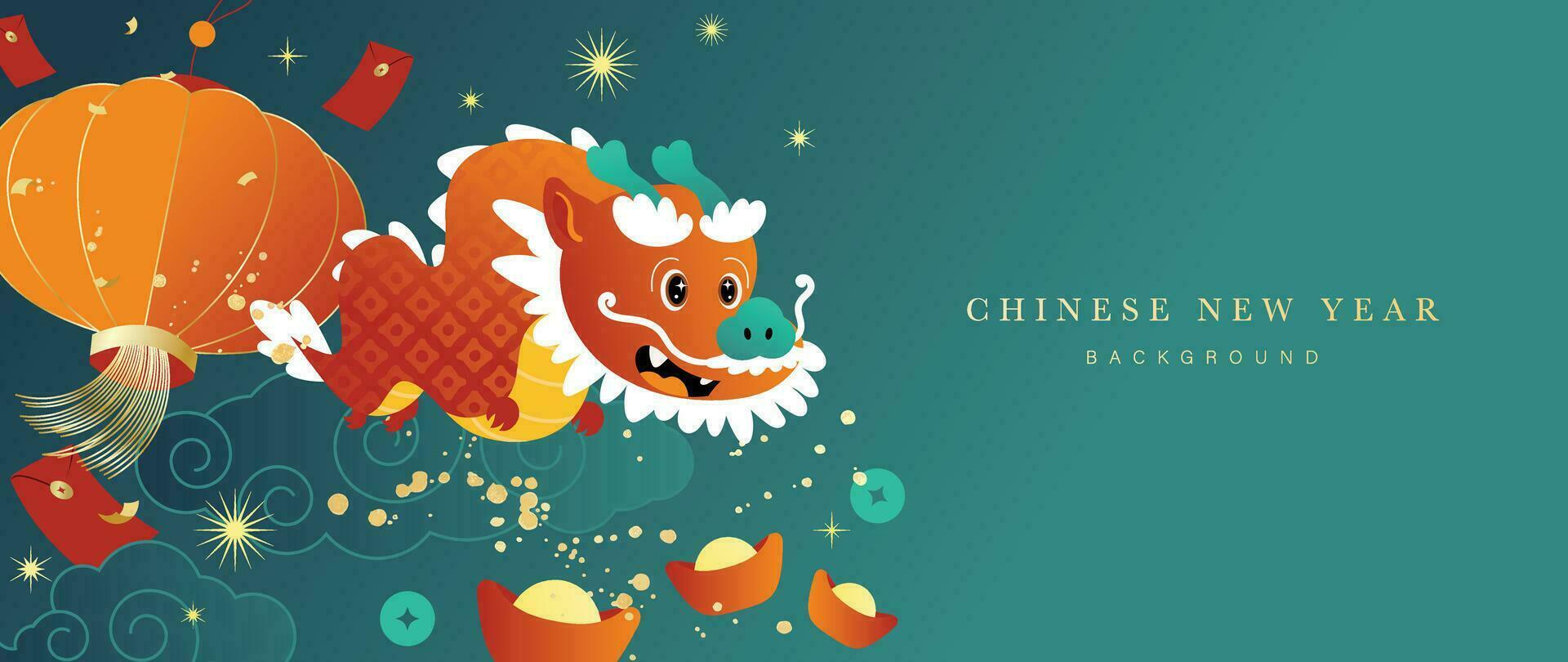 gelukkig Chinese nieuw jaar achtergrond vector. jaar van de draak ontwerp behang met draak, Chinese blokken goud, munt, lantaarn. modern luxe oosters illustratie voor omslag, banier, website, decor. vector