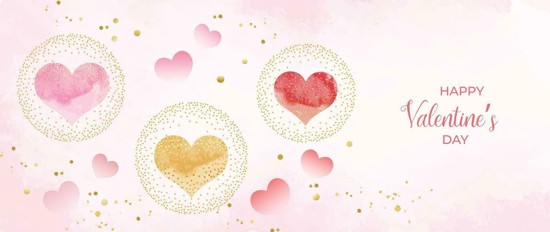 gelukkig valentijnsdag dag roze achtergrond vector. romantisch symbool tekening van roze waterverf tekening harten, goud textuur. liefde illustratie voor groet kaart, web banier, kleding stof, pakket, omslag. vector