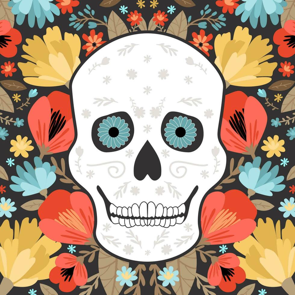 menselijk schedel Aan een bloemen achtergrond. dag van de dood ansichtkaart. modern vector vlak illustratie.