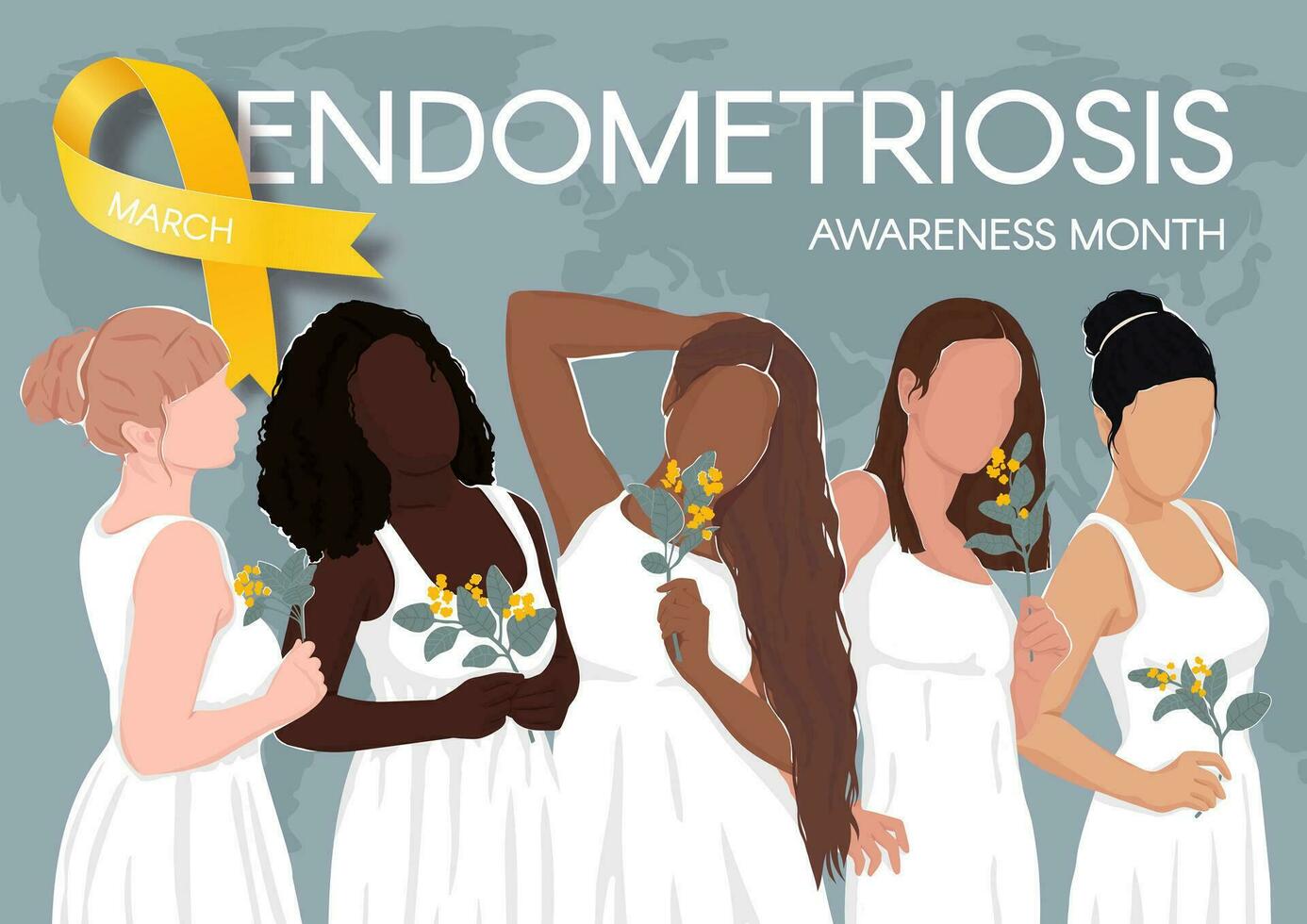 endometriose bewustzijn maand horizontaal poster. geel lint, ruimte voor tekst en verschillend Dames. vector vlak illustratie.