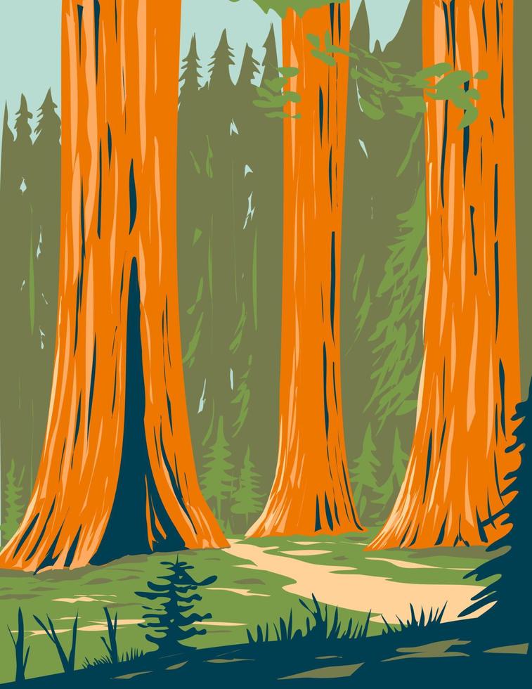 mariposa grove van gigantische sequoia in yosemite nationaal park in de buurt van wawona californië wpa poster art vector