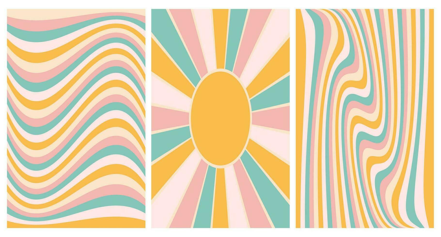 een reeks van wijnoogst psychedelisch regenboog achtergronden met de zon. retro achtergronden van pastel kleuren. vector
